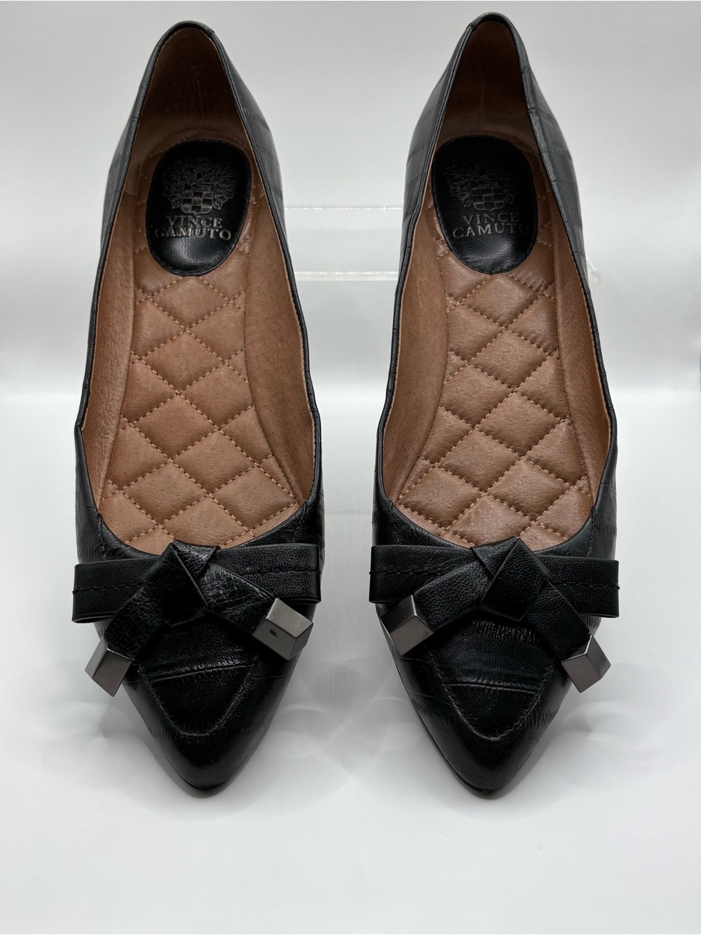 Vince Camuto Black Pointed Toe Bow Flats with Metallic Accents